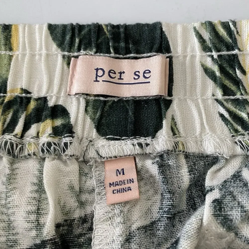 Per Se Green Tropical Linen Blend Shorts‎ Medium Resort Vacation Beach Hawaiian